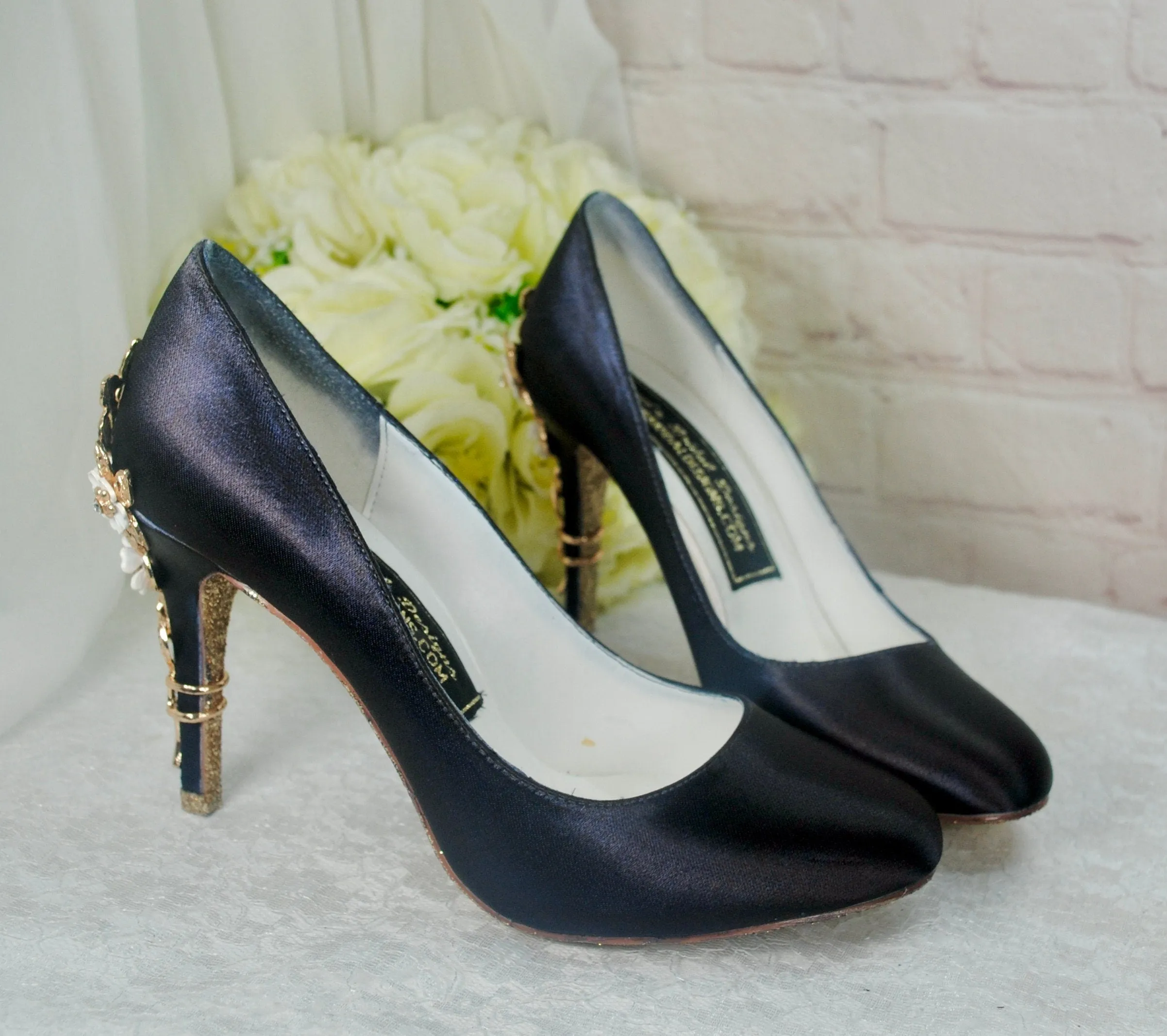 Navy Blue Satin Heels with Cherry Blossom  UK6/US8.5