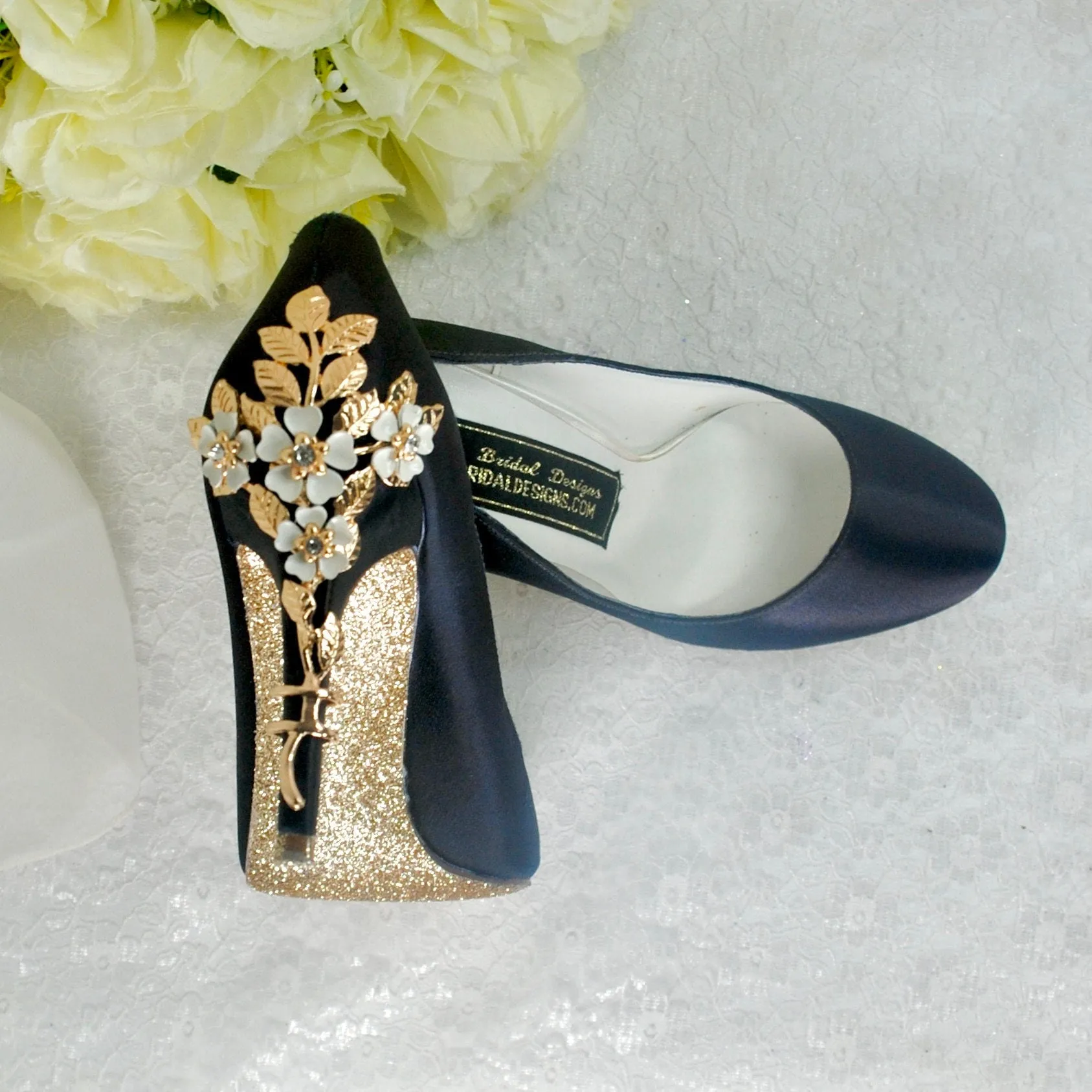 Navy Blue Satin Heels with Cherry Blossom  UK6/US8.5