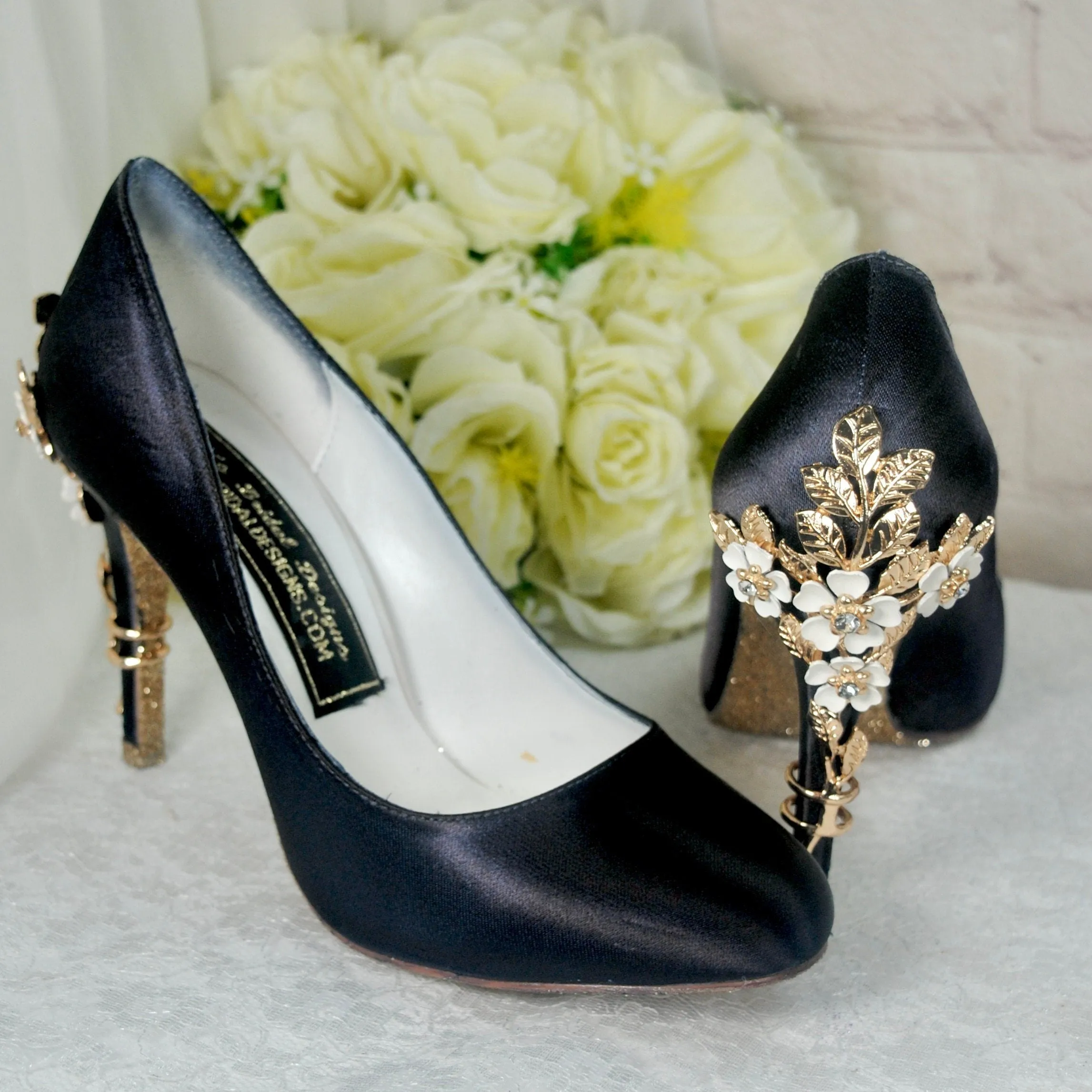 Navy Blue Satin Heels with Cherry Blossom  UK6/US8.5