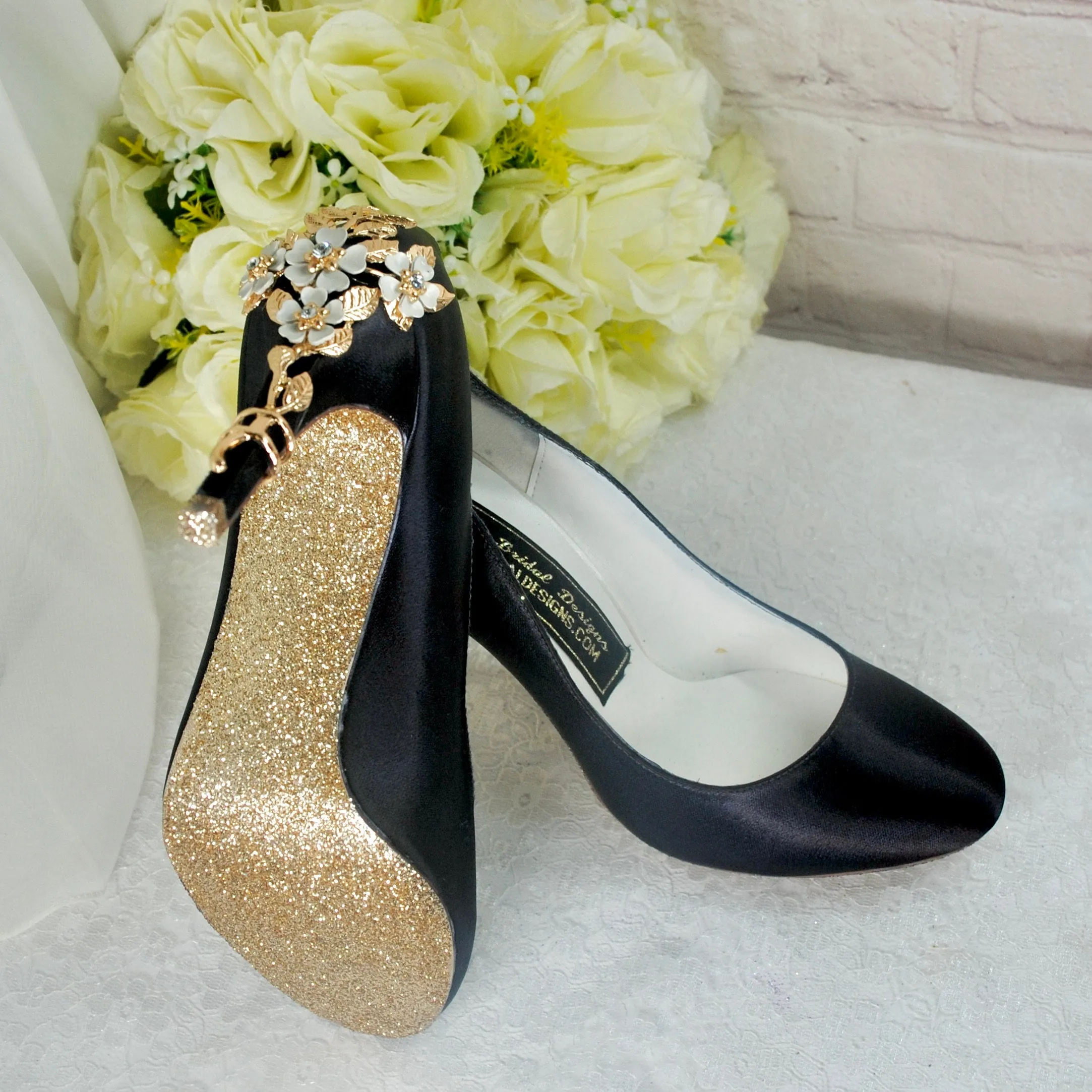 Navy Blue Satin Heels with Cherry Blossom  UK6/US8.5