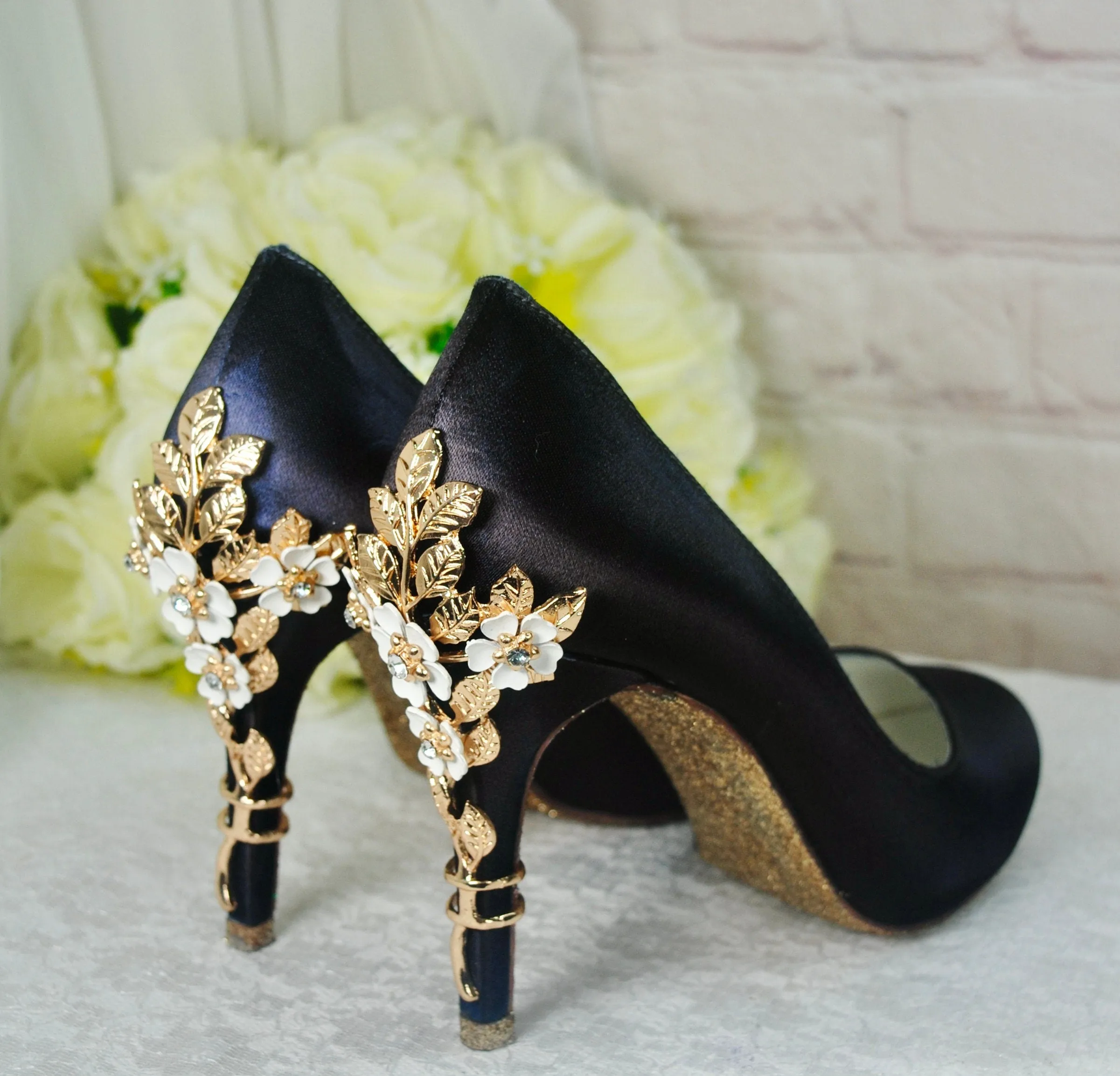 Navy Blue Satin Heels with Cherry Blossom  UK6/US8.5